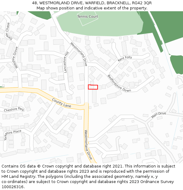 48, WESTMORLAND DRIVE, WARFIELD, BRACKNELL, RG42 3QR: Location map and indicative extent of plot