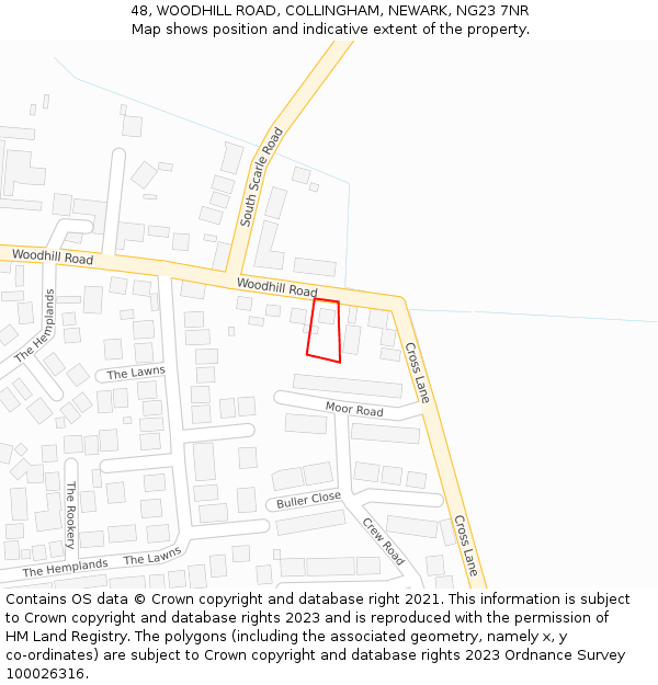 48, WOODHILL ROAD, COLLINGHAM, NEWARK, NG23 7NR: Location map and indicative extent of plot