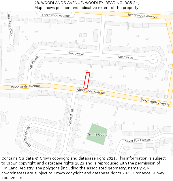 48, WOODLANDS AVENUE, WOODLEY, READING, RG5 3HJ: Location map and indicative extent of plot