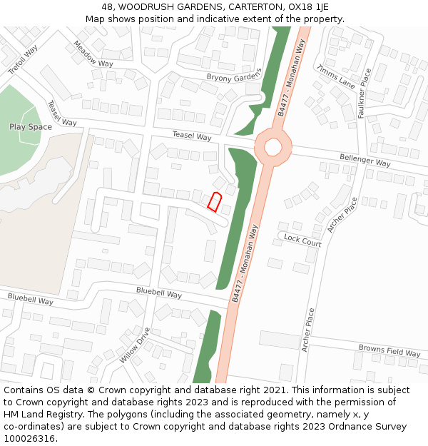 48, WOODRUSH GARDENS, CARTERTON, OX18 1JE: Location map and indicative extent of plot