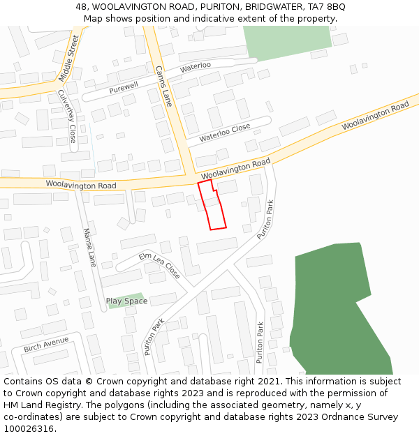 48, WOOLAVINGTON ROAD, PURITON, BRIDGWATER, TA7 8BQ: Location map and indicative extent of plot