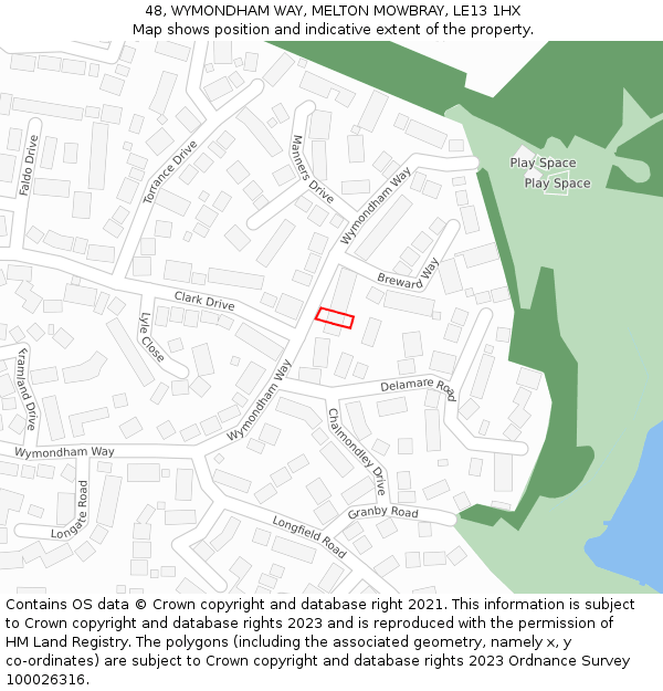 48, WYMONDHAM WAY, MELTON MOWBRAY, LE13 1HX: Location map and indicative extent of plot