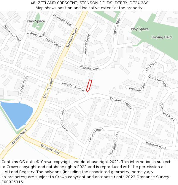 48, ZETLAND CRESCENT, STENSON FIELDS, DERBY, DE24 3AY: Location map and indicative extent of plot