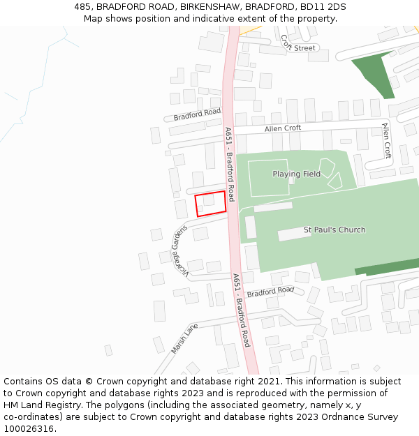 485, BRADFORD ROAD, BIRKENSHAW, BRADFORD, BD11 2DS: Location map and indicative extent of plot