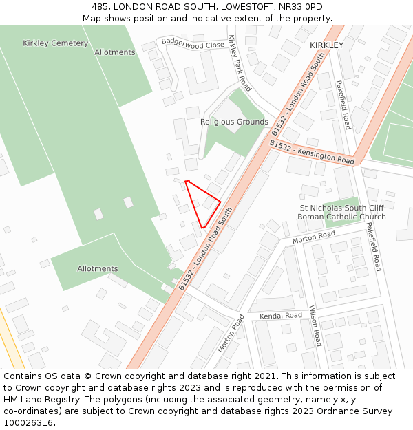 485, LONDON ROAD SOUTH, LOWESTOFT, NR33 0PD: Location map and indicative extent of plot