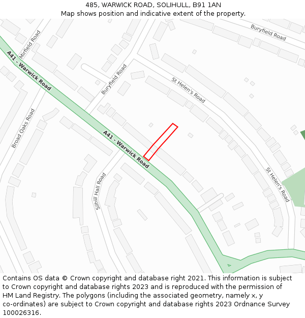 485, WARWICK ROAD, SOLIHULL, B91 1AN: Location map and indicative extent of plot