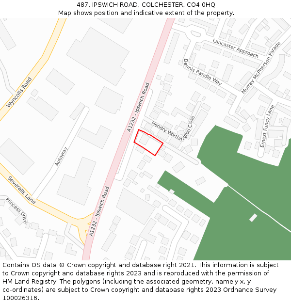 487, IPSWICH ROAD, COLCHESTER, CO4 0HQ: Location map and indicative extent of plot