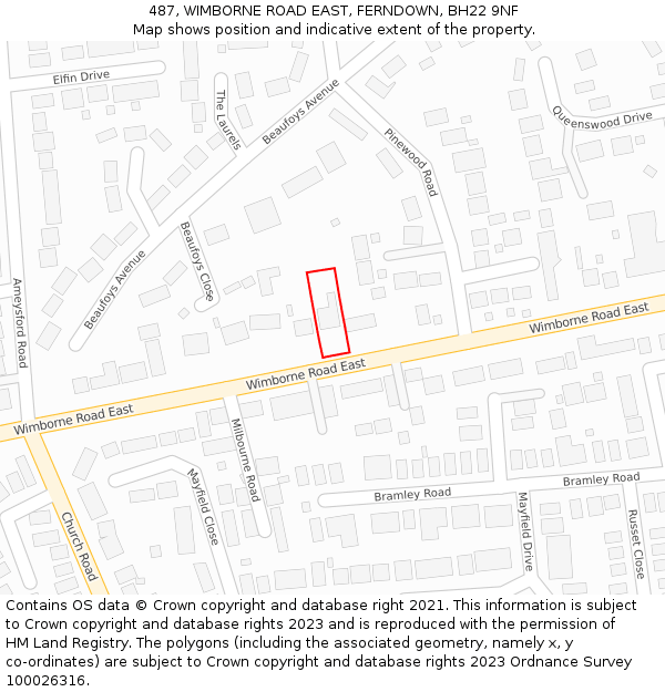 487, WIMBORNE ROAD EAST, FERNDOWN, BH22 9NF: Location map and indicative extent of plot