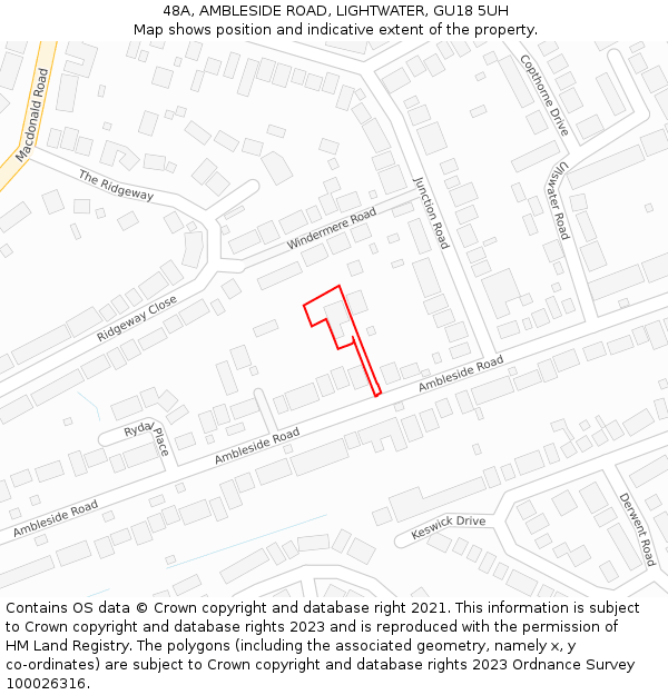 48A, AMBLESIDE ROAD, LIGHTWATER, GU18 5UH: Location map and indicative extent of plot