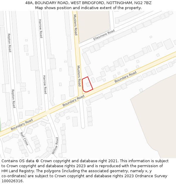 48A, BOUNDARY ROAD, WEST BRIDGFORD, NOTTINGHAM, NG2 7BZ: Location map and indicative extent of plot