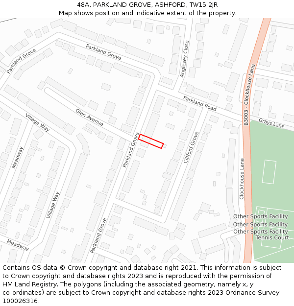 48A, PARKLAND GROVE, ASHFORD, TW15 2JR: Location map and indicative extent of plot