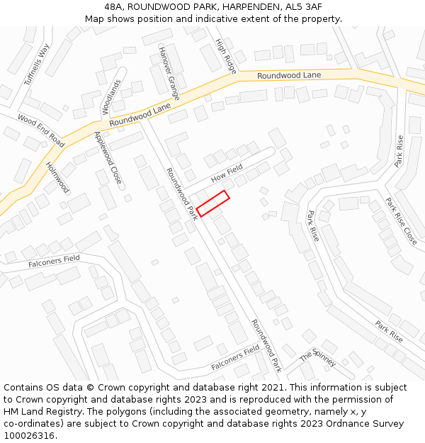 48A, ROUNDWOOD PARK, HARPENDEN, AL5 3AF: Location map and indicative extent of plot