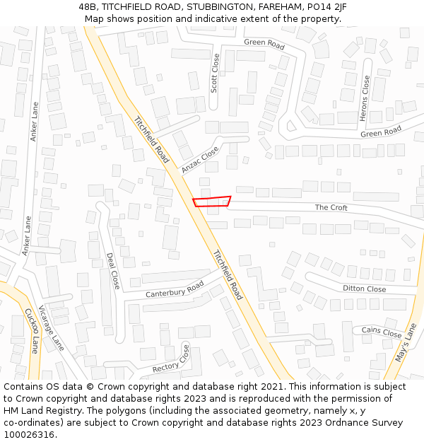 48B, TITCHFIELD ROAD, STUBBINGTON, FAREHAM, PO14 2JF: Location map and indicative extent of plot