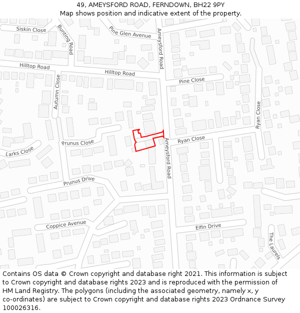 49, AMEYSFORD ROAD, FERNDOWN, BH22 9PY: Location map and indicative extent of plot