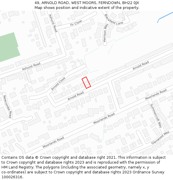 49, ARNOLD ROAD, WEST MOORS, FERNDOWN, BH22 0JX: Location map and indicative extent of plot