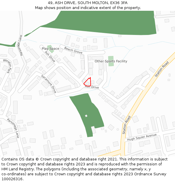 49, ASH DRIVE, SOUTH MOLTON, EX36 3FA: Location map and indicative extent of plot