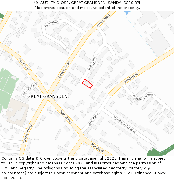 49, AUDLEY CLOSE, GREAT GRANSDEN, SANDY, SG19 3RL: Location map and indicative extent of plot