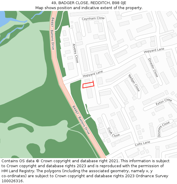 49, BADGER CLOSE, REDDITCH, B98 0JE: Location map and indicative extent of plot