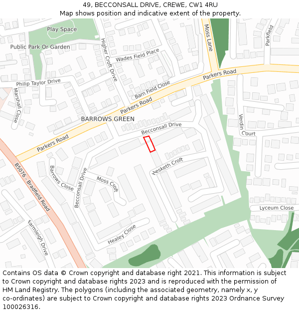 49, BECCONSALL DRIVE, CREWE, CW1 4RU: Location map and indicative extent of plot