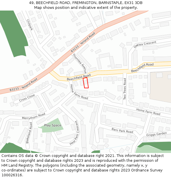 49, BEECHFIELD ROAD, FREMINGTON, BARNSTAPLE, EX31 3DB: Location map and indicative extent of plot