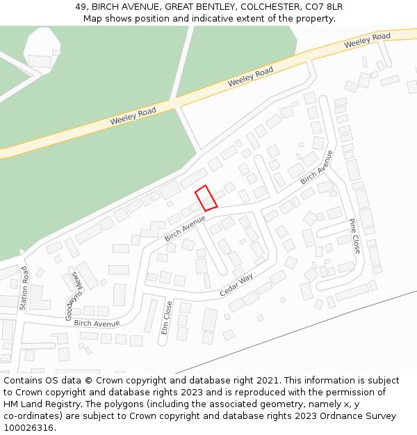 49, BIRCH AVENUE, GREAT BENTLEY, COLCHESTER, CO7 8LR: Location map and indicative extent of plot