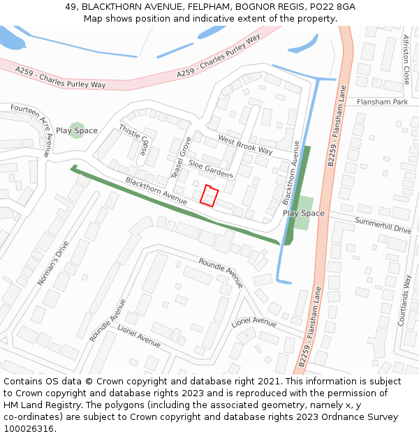 49, BLACKTHORN AVENUE, FELPHAM, BOGNOR REGIS, PO22 8GA: Location map and indicative extent of plot