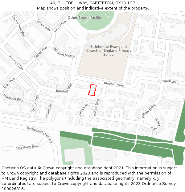 49, BLUEBELL WAY, CARTERTON, OX18 1GB: Location map and indicative extent of plot