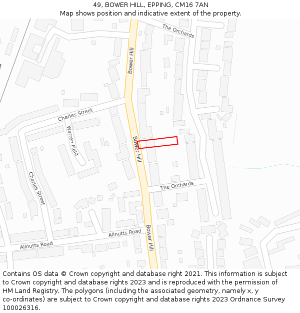 49, BOWER HILL, EPPING, CM16 7AN: Location map and indicative extent of plot