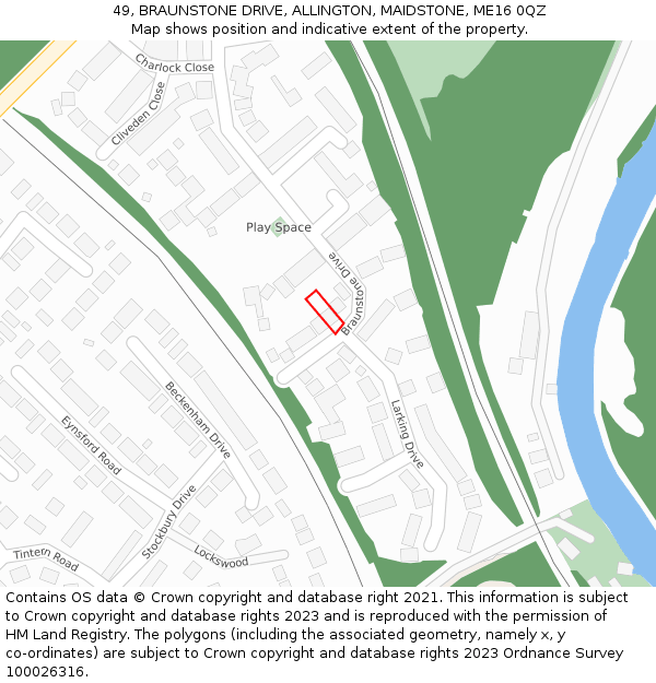 49, BRAUNSTONE DRIVE, ALLINGTON, MAIDSTONE, ME16 0QZ: Location map and indicative extent of plot