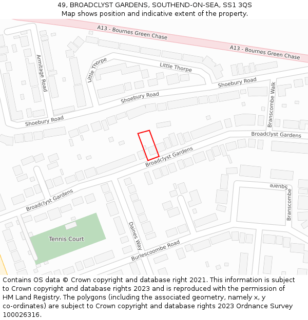 49, BROADCLYST GARDENS, SOUTHEND-ON-SEA, SS1 3QS: Location map and indicative extent of plot