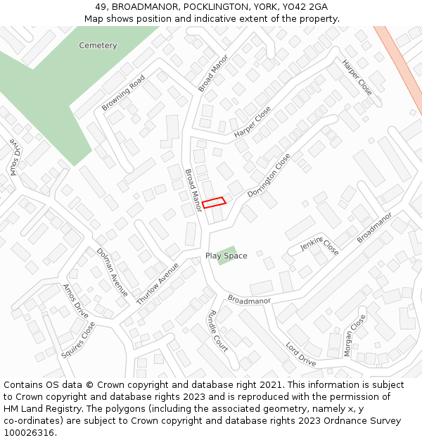 49, BROADMANOR, POCKLINGTON, YORK, YO42 2GA: Location map and indicative extent of plot