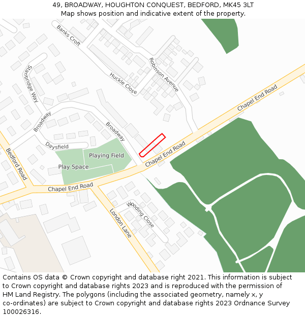 49, BROADWAY, HOUGHTON CONQUEST, BEDFORD, MK45 3LT: Location map and indicative extent of plot