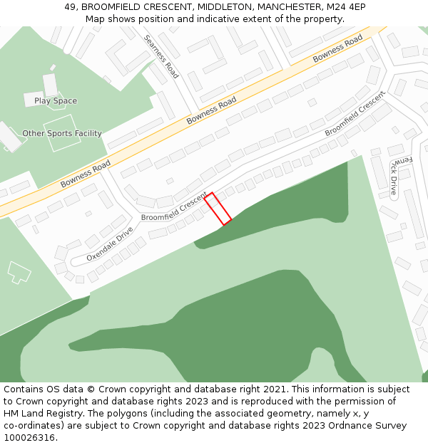 49, BROOMFIELD CRESCENT, MIDDLETON, MANCHESTER, M24 4EP: Location map and indicative extent of plot