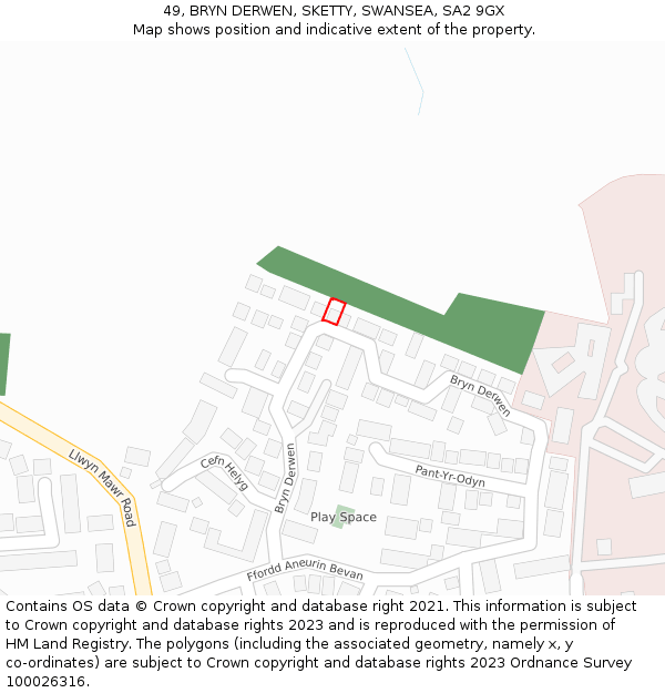 49, BRYN DERWEN, SKETTY, SWANSEA, SA2 9GX: Location map and indicative extent of plot