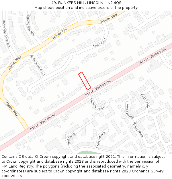 49, BUNKERS HILL, LINCOLN, LN2 4QS: Location map and indicative extent of plot