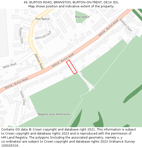 49, BURTON ROAD, BRANSTON, BURTON-ON-TRENT, DE14 3DL: Location map and indicative extent of plot