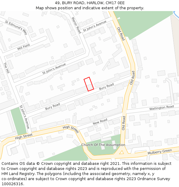 49, BURY ROAD, HARLOW, CM17 0EE: Location map and indicative extent of plot