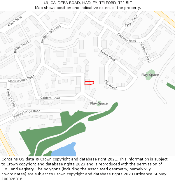 49, CALDERA ROAD, HADLEY, TELFORD, TF1 5LT: Location map and indicative extent of plot