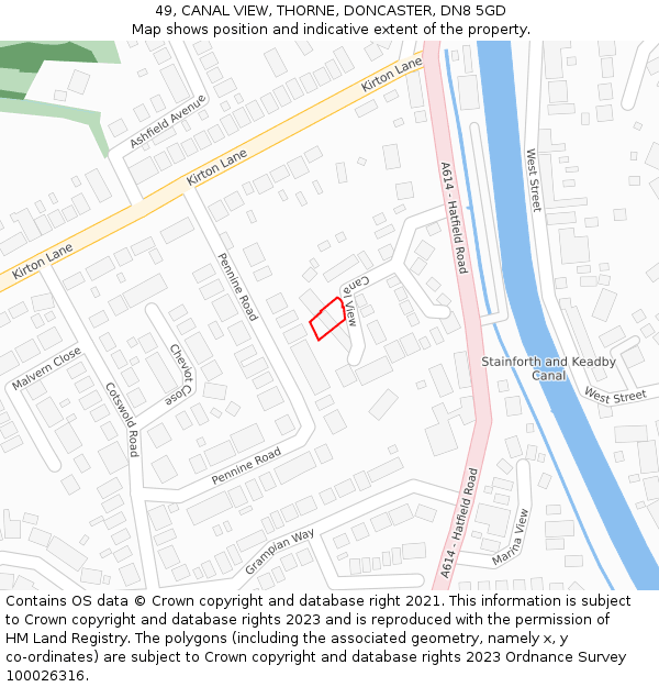 49, CANAL VIEW, THORNE, DONCASTER, DN8 5GD: Location map and indicative extent of plot