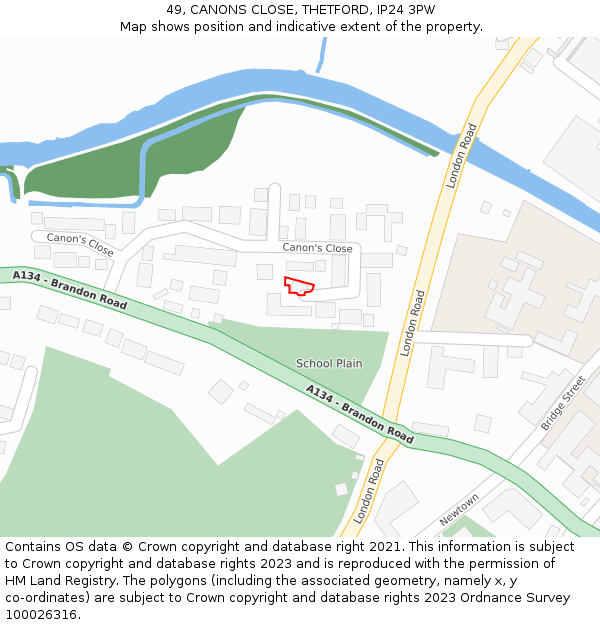 49, CANONS CLOSE, THETFORD, IP24 3PW: Location map and indicative extent of plot