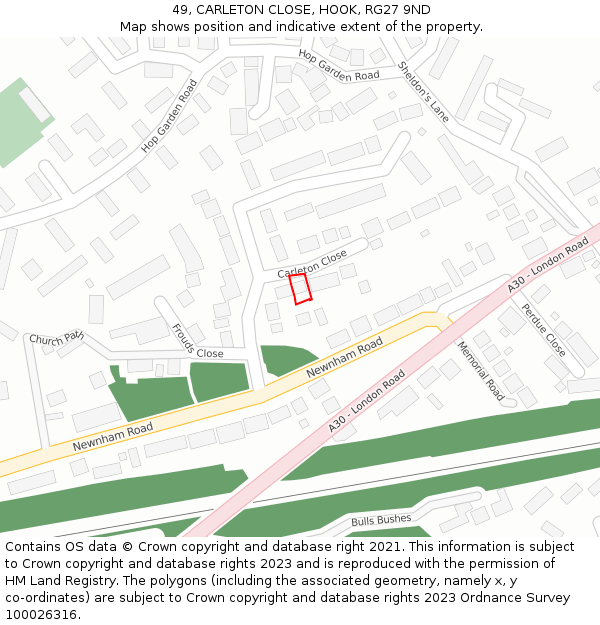 49, CARLETON CLOSE, HOOK, RG27 9ND: Location map and indicative extent of plot