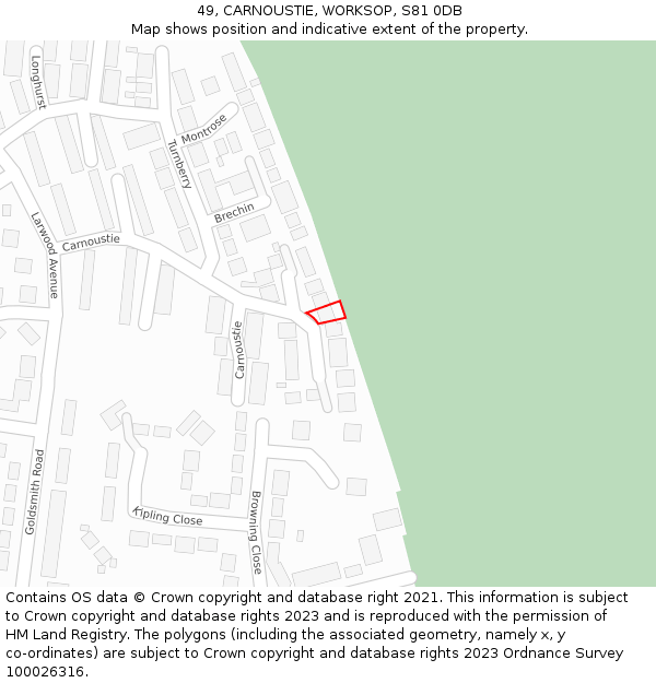 49, CARNOUSTIE, WORKSOP, S81 0DB: Location map and indicative extent of plot