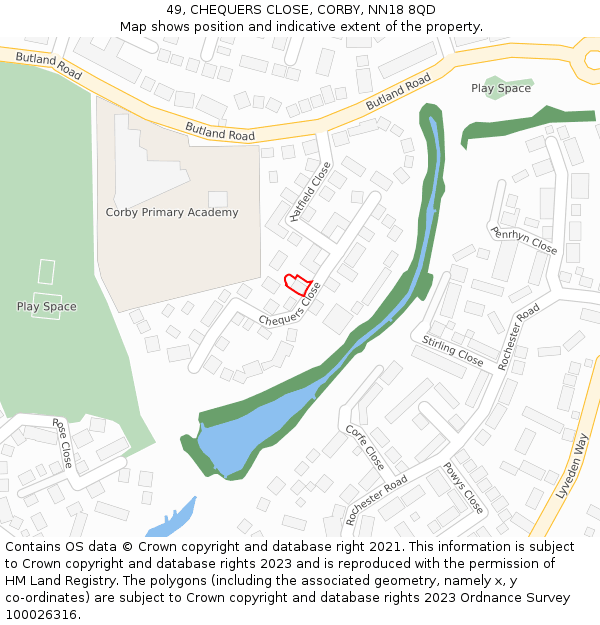 49, CHEQUERS CLOSE, CORBY, NN18 8QD: Location map and indicative extent of plot