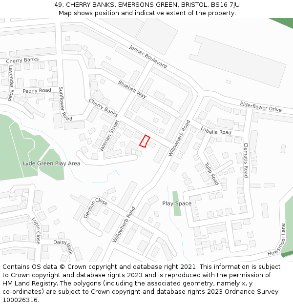 49, CHERRY BANKS, EMERSONS GREEN, BRISTOL, BS16 7JU: Location map and indicative extent of plot