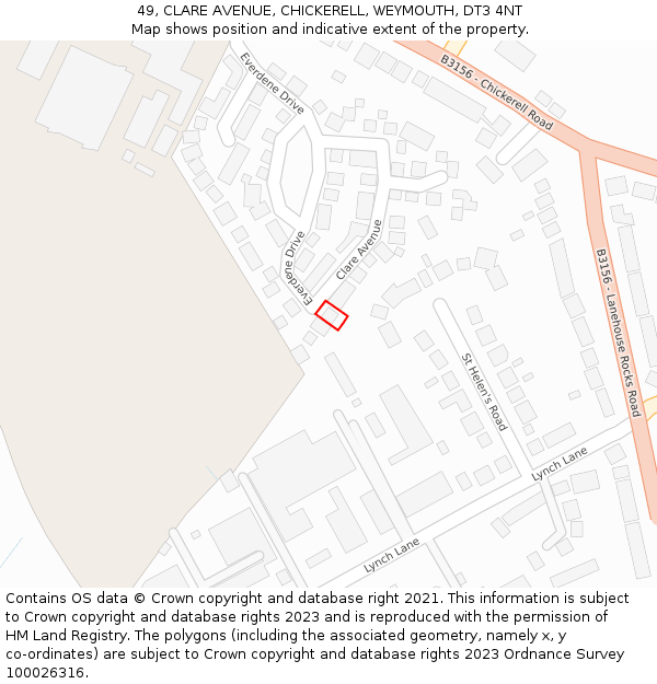 49, CLARE AVENUE, CHICKERELL, WEYMOUTH, DT3 4NT: Location map and indicative extent of plot