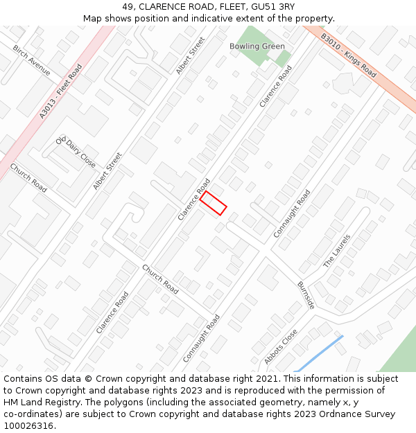 49, CLARENCE ROAD, FLEET, GU51 3RY: Location map and indicative extent of plot