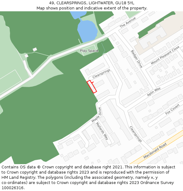 49, CLEARSPRINGS, LIGHTWATER, GU18 5YL: Location map and indicative extent of plot