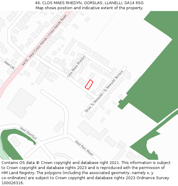 49, CLOS MAES RHEDYN, GORSLAS, LLANELLI, SA14 6SG: Location map and indicative extent of plot