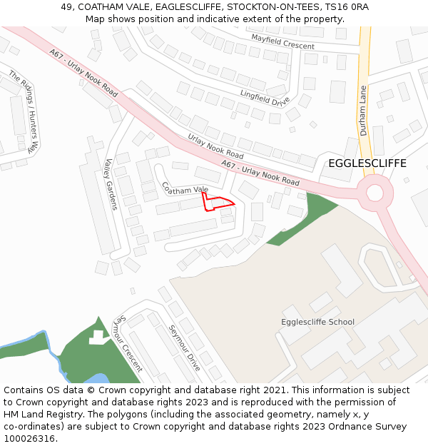 49, COATHAM VALE, EAGLESCLIFFE, STOCKTON-ON-TEES, TS16 0RA: Location map and indicative extent of plot