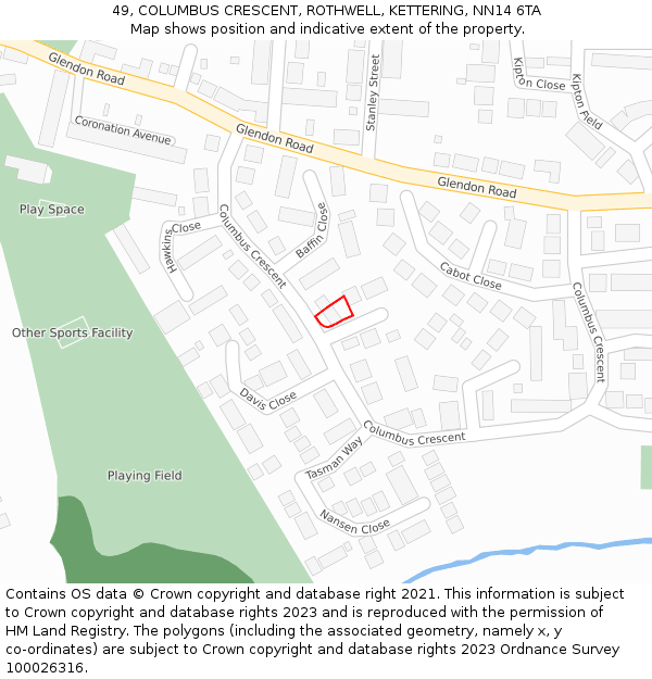 49, COLUMBUS CRESCENT, ROTHWELL, KETTERING, NN14 6TA: Location map and indicative extent of plot